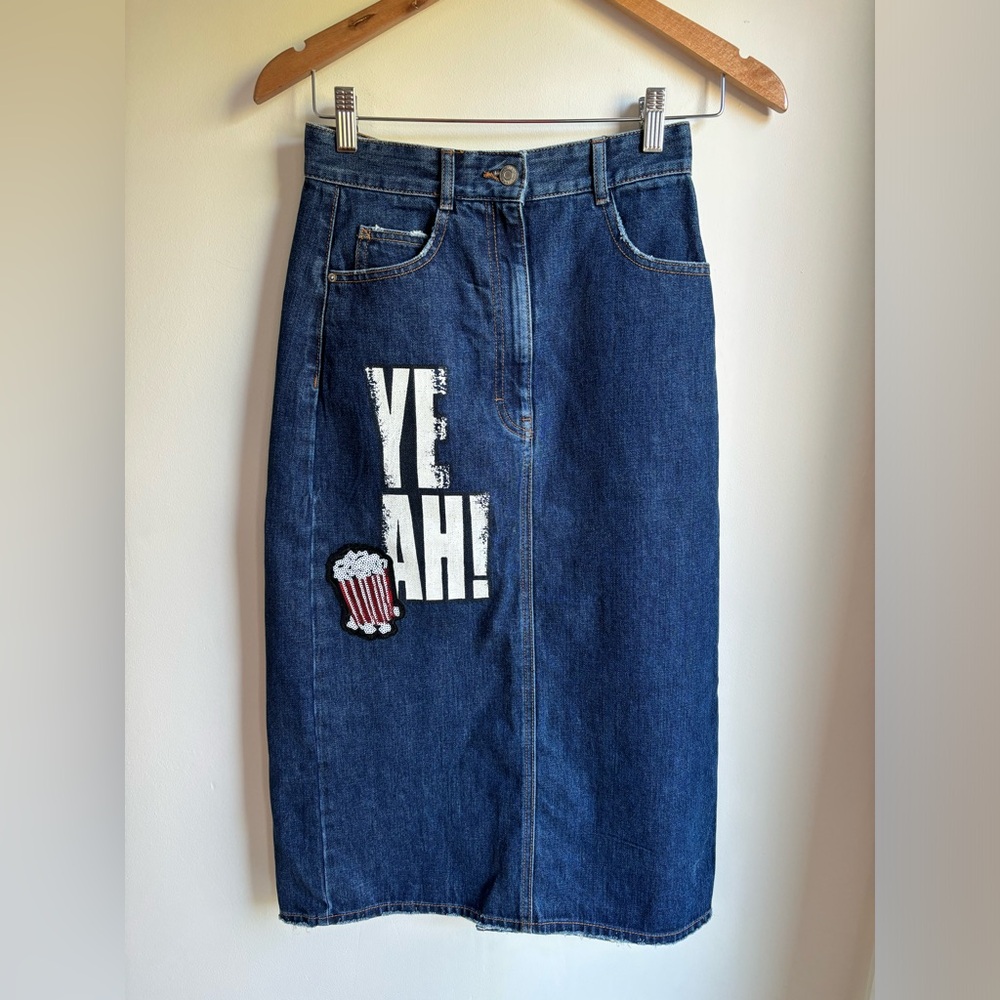 ZARA TRAFALUC Denim Midi Skirt with Sequins Size XS